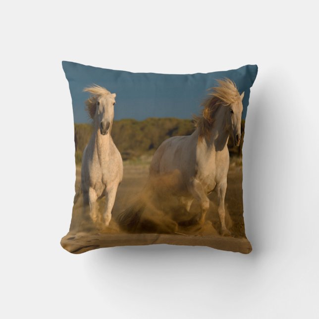 White Horses Running On Beach | Camargue, France Throw Pillow (Front)