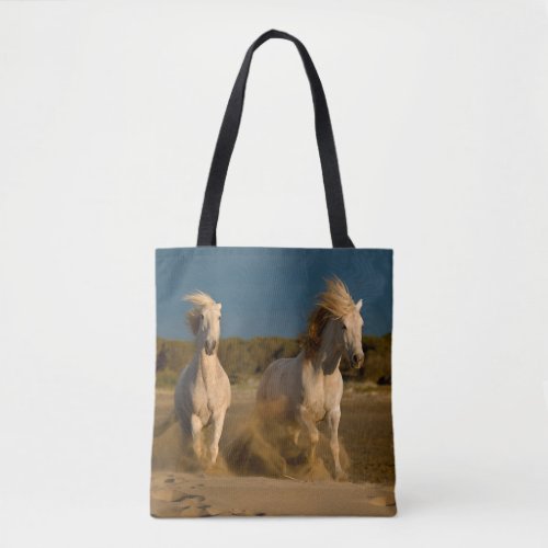 White Horses Running On Beach  Camargue France Tote Bag