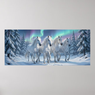 White Horses Under Aurora Borealis in Winter Fores Poster