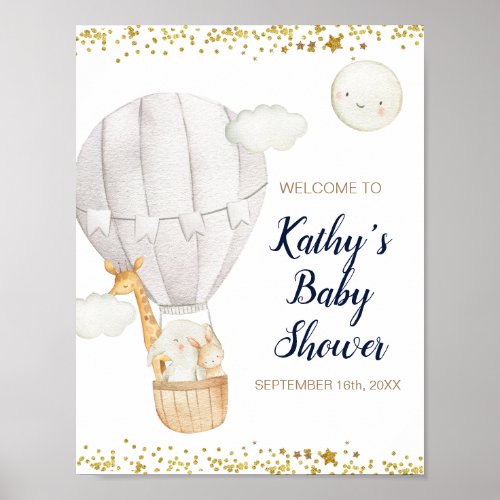 White Hot air Balloon Jungle Baby Shower Welcome Poster