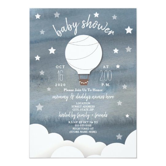 White Hot Air Balloon Stars Neutral Baby Shower Invitation