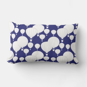 White Hot Air Balloons floating on Dark Blue Sky L Lumbar Pillow