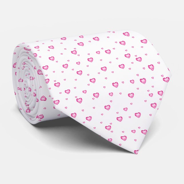 White & Hot Pink Diamonds Hearts Pattern Neck Tie (Rolled)