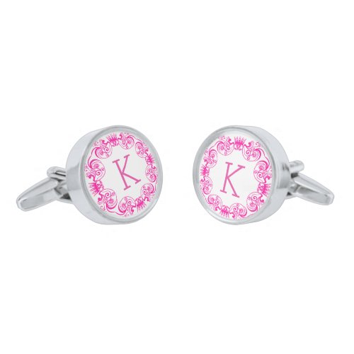 White  Hot Pink Floral Circle Frame Silver Cufflinks