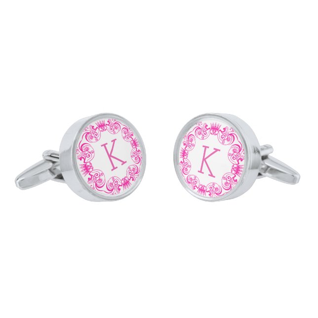 White & Hot Pink Floral Circle Frame Silver Cufflinks (Angled)