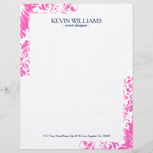 White & Hot Pink Glitter Floral Lace Accent Letterhead