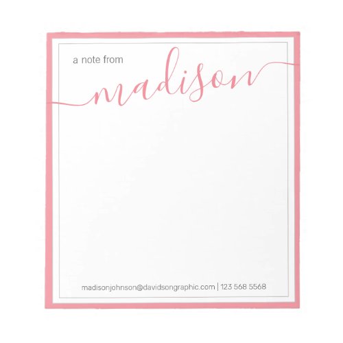 White Hot Pink Personalized Name From The Desk Of Notepad