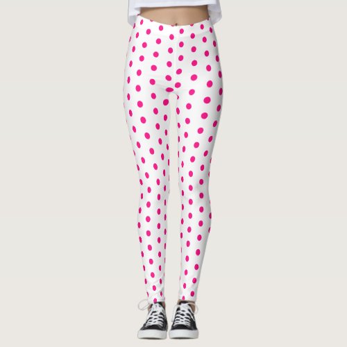 White hot pink polka dots retro pattern cute cool leggings