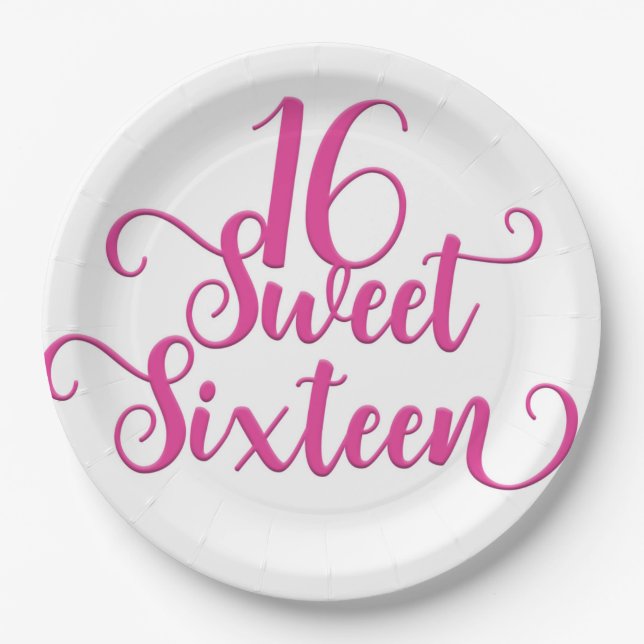 White & Hot Pink Sweet 16 Birthday Party  Paper Plates (Front)