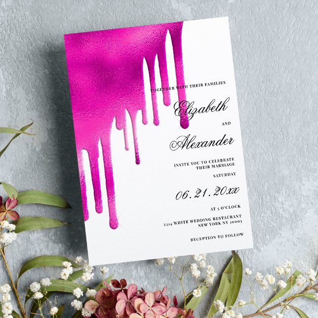 White hot pink watercolor gradient drips wedding invitation (White hot pink watercolor gradient drips wedding)