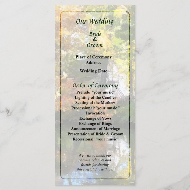 White House by Lake in Autumn Wedding Program (Front)