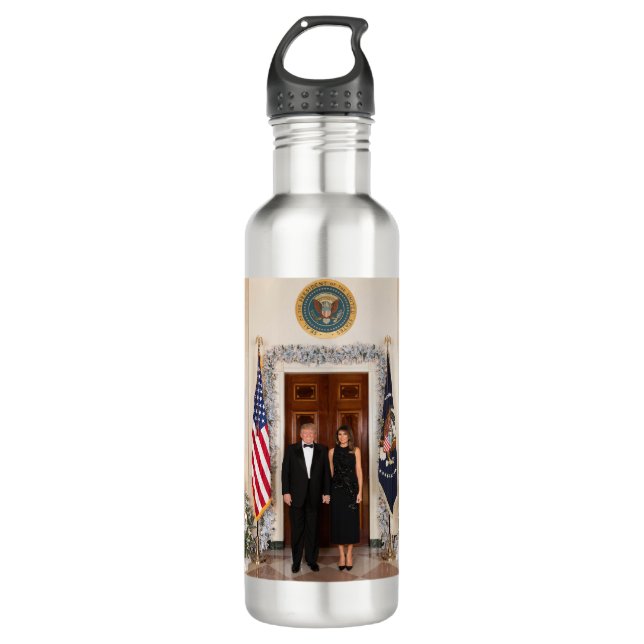 White House Christmas Donald Trump & Melania Stainless Steel Water Bottle (Front)
