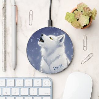 White Howling Wolf Personalized Wireless Charger