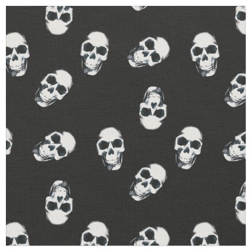 White Human Skulls on Black Pattern Fabric