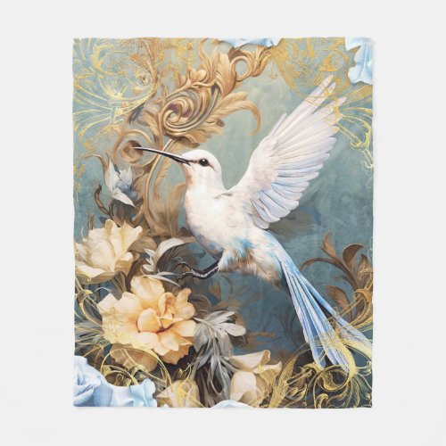 White Hummingbird and Flowers Fleece Blanket