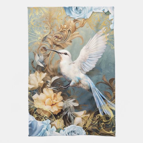 White Hummingbird and Flowers Kitchen Towel