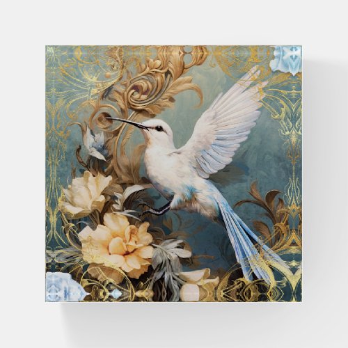 White Hummingbird and Flowers Paperweight