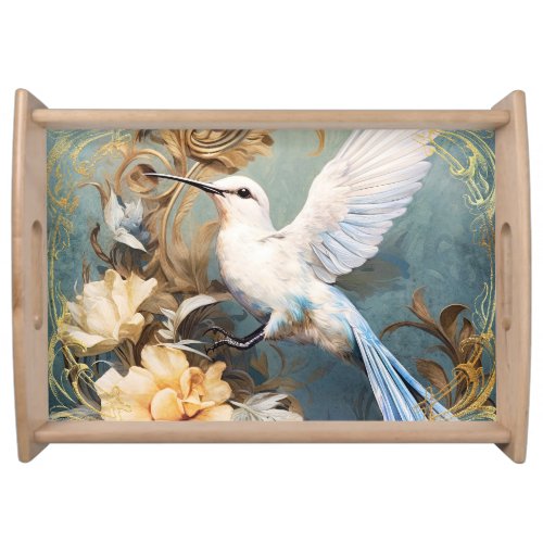 White Hummingbird and Flowers Serving Tray