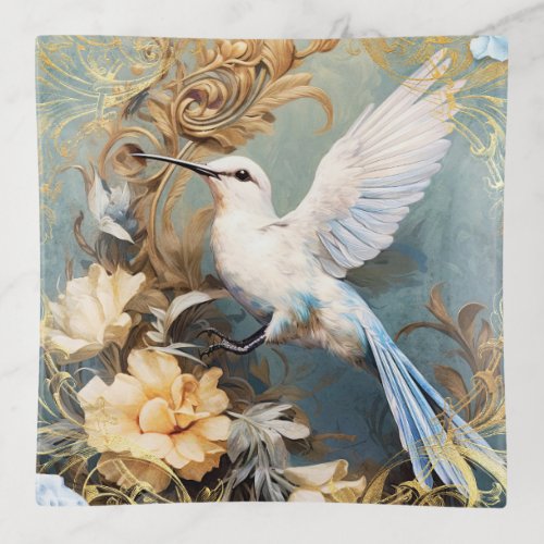 White Hummingbird and Flowers Trinket Tray