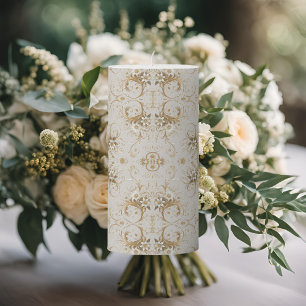 White Hummingbird Minimal Formal Floral Pattern Pillar Candle