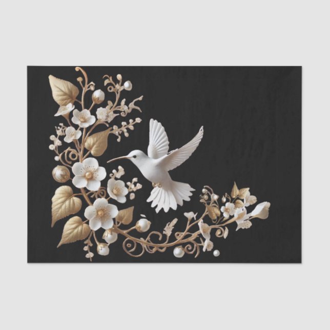 White Hummingbird on Black Decoupage Tissue Paper (Front)
