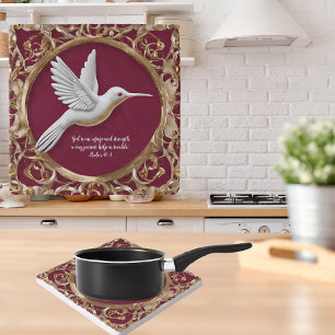 White Hummingbird on Red Tall Customizable Trivet