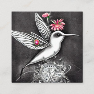 White Hummingbird & Pink Flowers Square Business Card