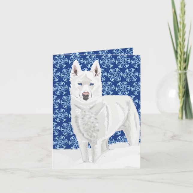 White Husky against Snow Flakes and dark blue sky  Card (Front)