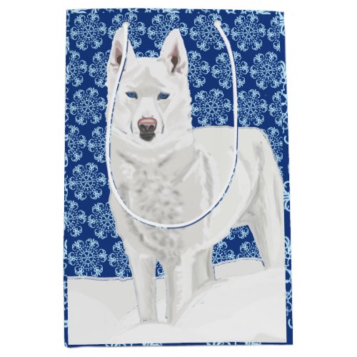 White Husky against Snow Flakes and dark blue sky Medium Gift Bag