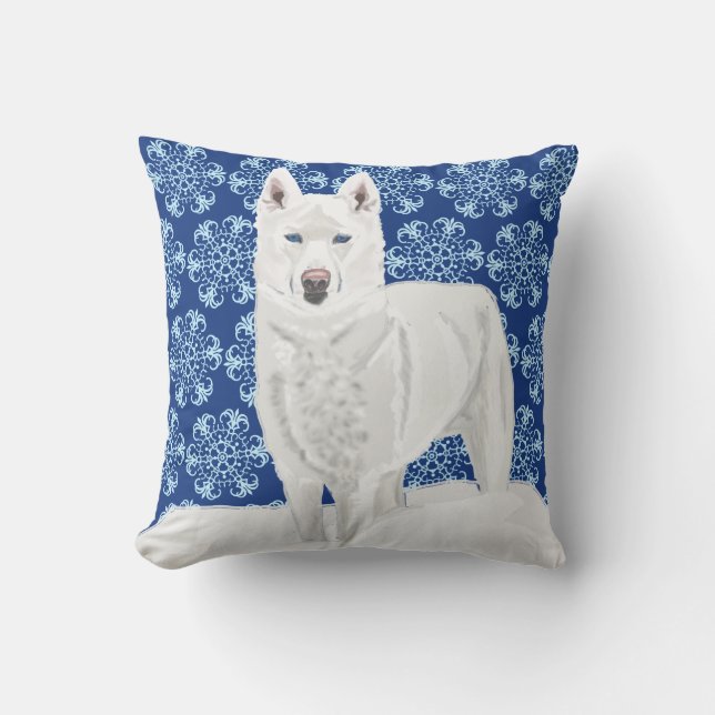 White Husky against Snow Flakes and dark blue sky. Throw Pillow (Front)
