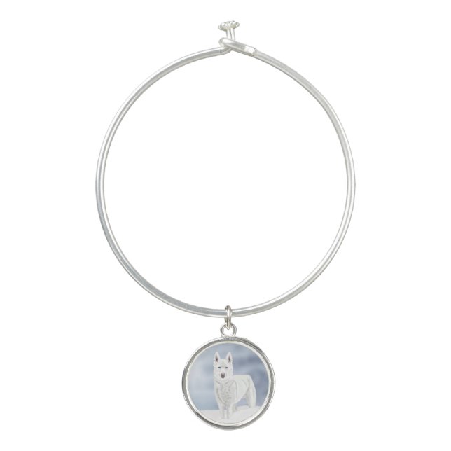 White Husky against Snow Scene Bangle Bracelet (Front)