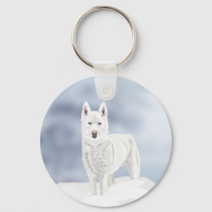 White Husky against Snow Scene Keychain