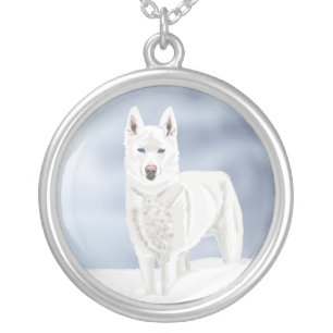 White Husky against Snow Scene Silver Plated Necklace