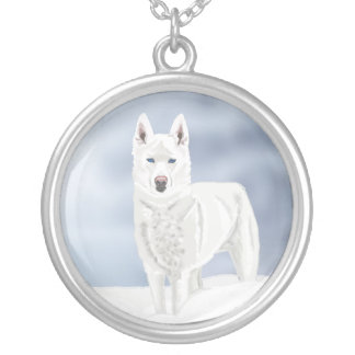White Husky against Snow Scene Silver Plated Necklace