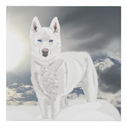 White Husky in Snow Against a Winter Sky Faux Canvas Print
