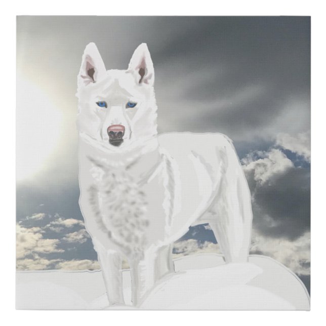 White Husky in Snow Against a Winter Sky Faux Canvas Print (Front)