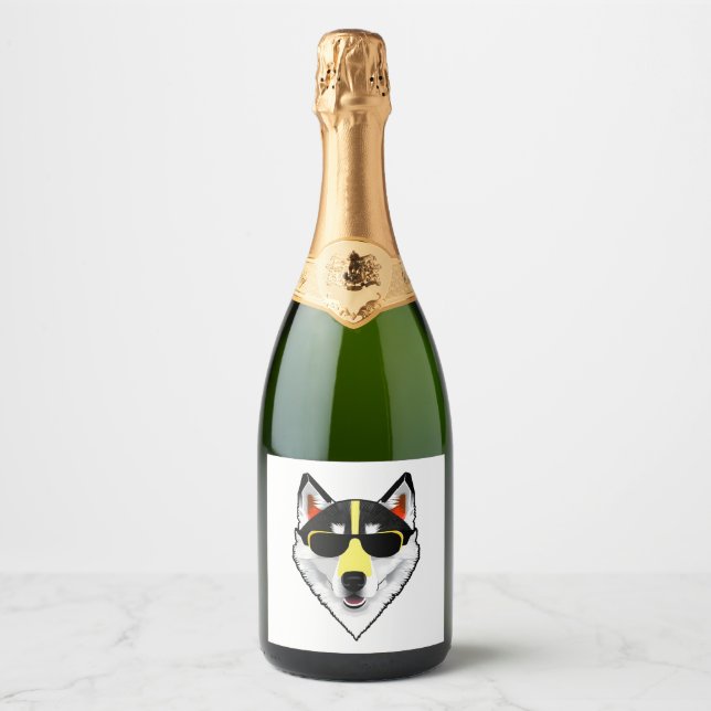white husky with sunglasses sparkling wine label (Front)