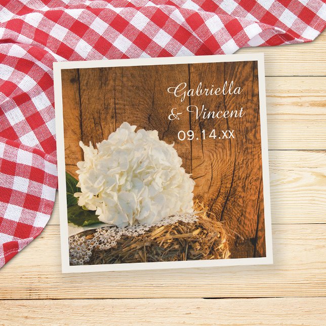 White Hydrangea and Barn Wood Country Wedding Paper Napkins (Creator Uploaded)