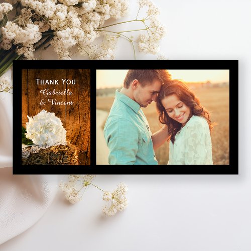 White Hydrangea and Barn Wood Wedding Thank You