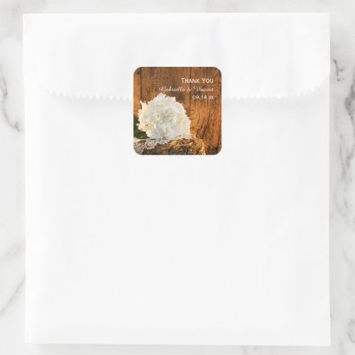 White Hydrangea and Barn Wood Wedding Thank You Square Sticker