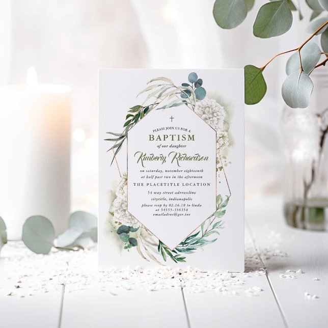 White Hydrangea and Greenery Baptism Invitations (Greenery Baptism Invitations)
