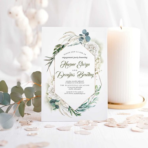 White Hydrangea and Greenery Engagement Party Invitation