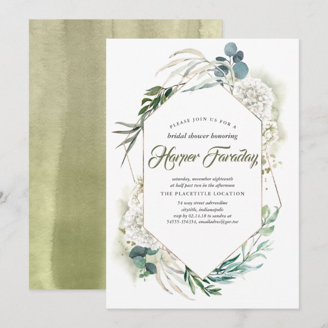 White Hydrangea and Greenery Modern Bridal Shower Invitation (Front/Back)