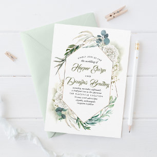 White Hydrangea and Greenery Modern Floral Wedding Invitation