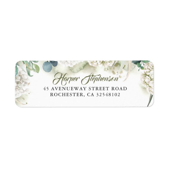 White Hydrangea and Greenery Modern Label (Front)