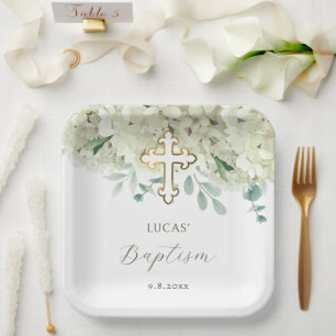 White Hydrangea Baptism Paper Plates