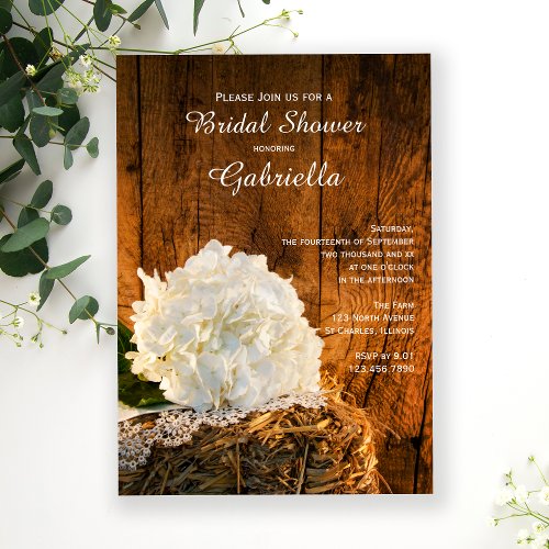 White Hydrangea Barn Wood Country Bridal Shower Invitation