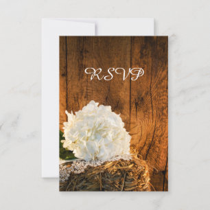 White Hydrangea Barn Wood Country Wedding RSVP Card