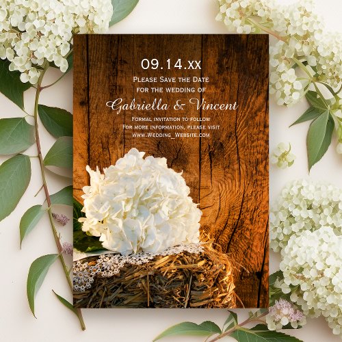 White Hydrangea Barn Wood Wedding Save the Date