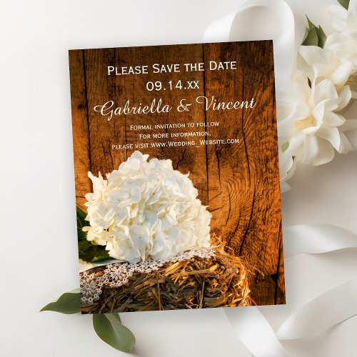 White Hydrangea Barn Wood Wedding Save the Date